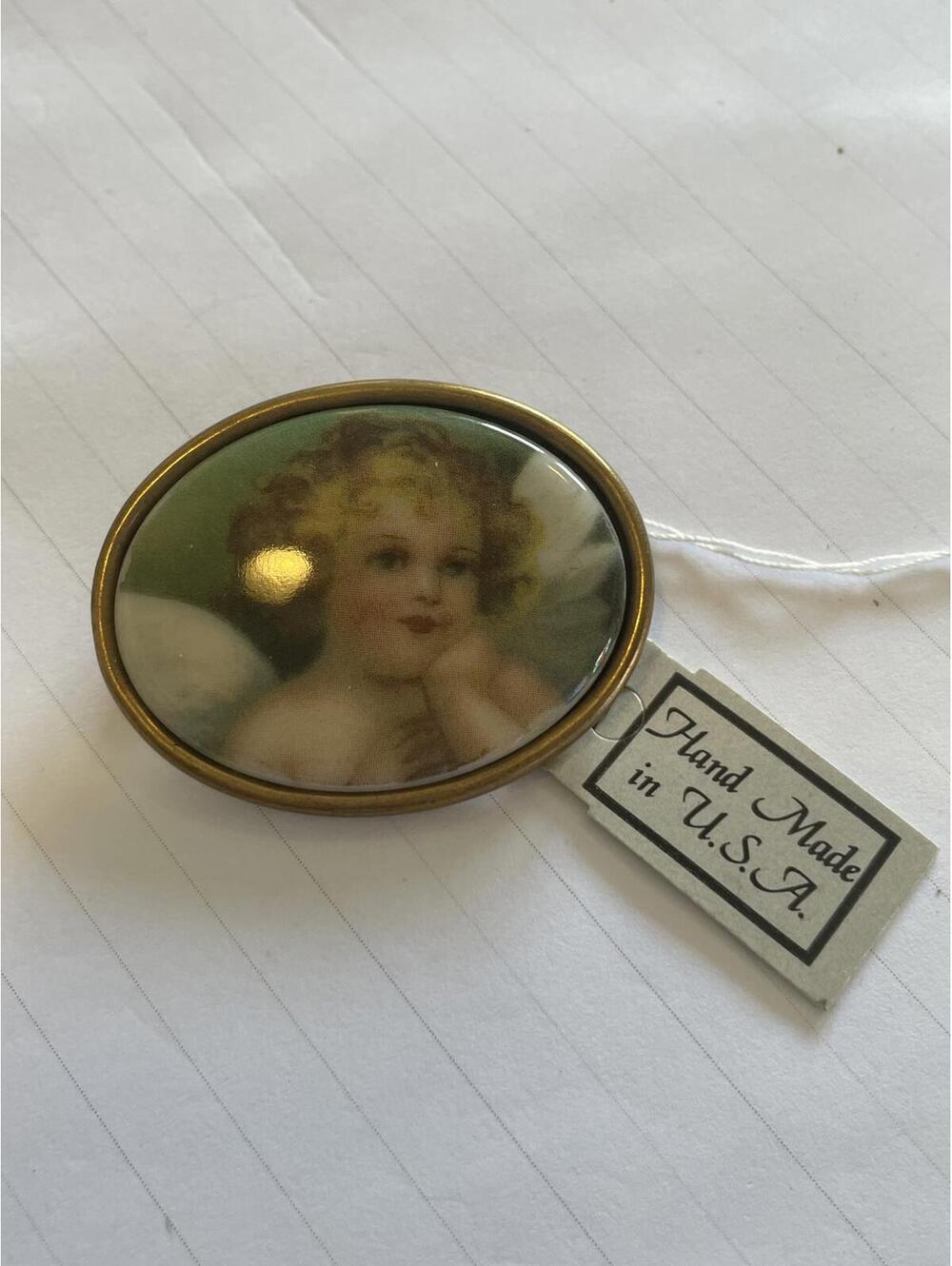 Vintage Victorian Angel Cherub Porcelain Brooch Hand Painted Oval